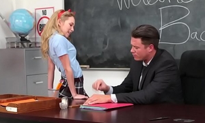 Petite blonde schoolgirl seduces the brush teacher fucks him on desk